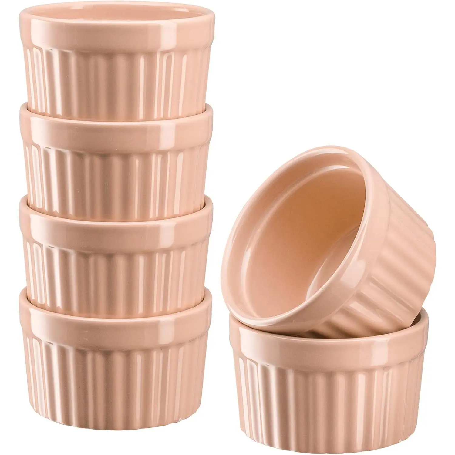 Kook Porcelain Ramekins Bakeware Set of 6, 10 Oz Blush Pink Dishes, Oven-Safe for Creme Brulee, Souffle, Lava Cake