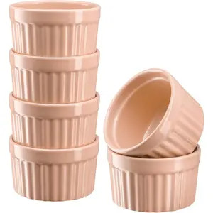 Kook Ramekins, Creme Brulee, Pink Ramekins, Set of 6 Porcelain Souffle Dishes, Oven Safe, for Baking Pot Pies, Lava Cake, Soup, 10 Oz