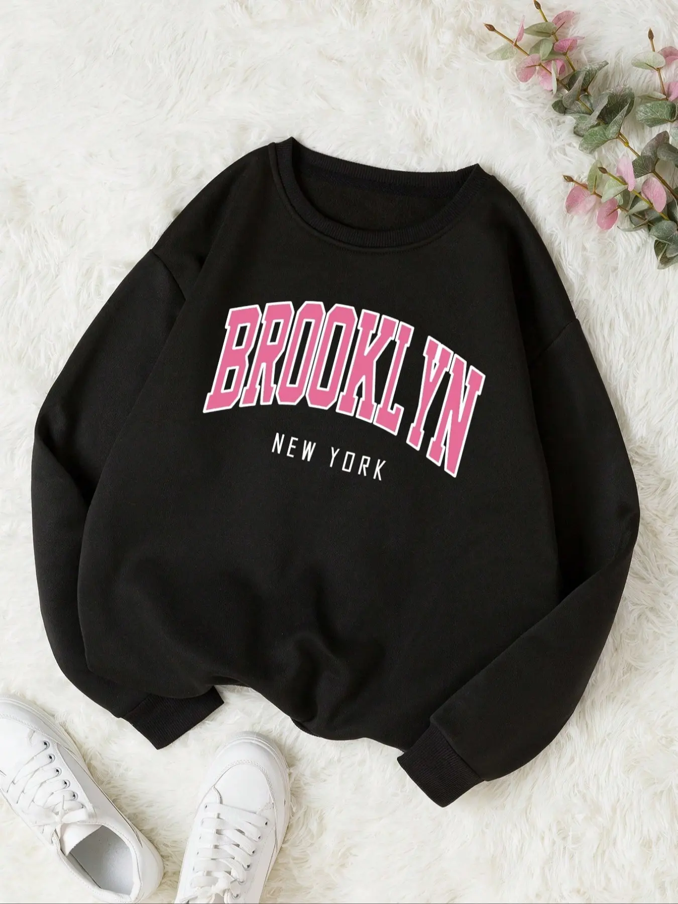 Women's Brooklyn Letter Print Pullover Hoodie, Casual Loose-Fit Round Neck Sweatshirt, Fall & Winter Street Style Fleece Lined Top