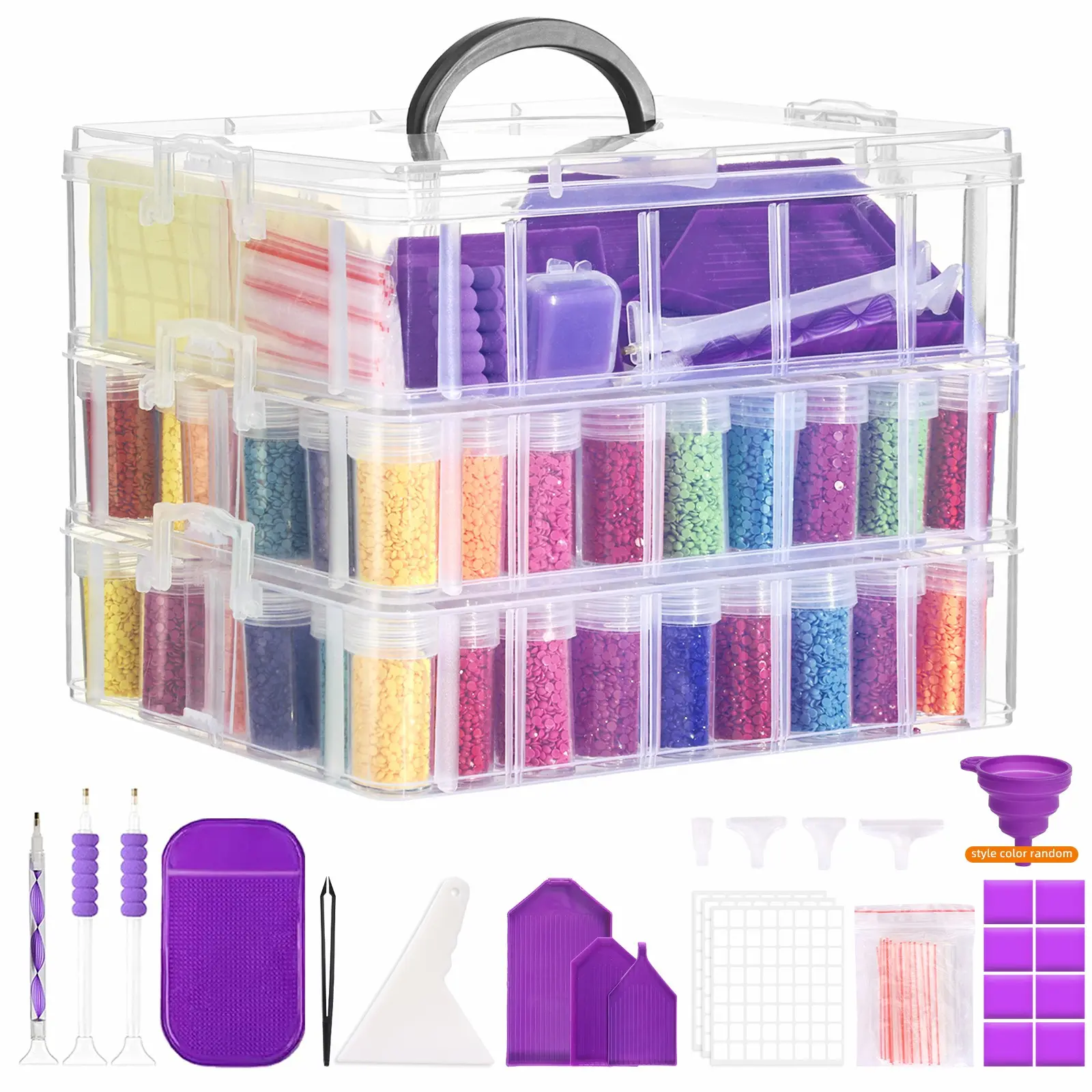 Whonline Christmas 1pc 3-Tier Diamond Painting Storage Container, 100 Slots Clear Stackable Bead Organzier with Diamond Painting Accessories and Tools for DIY Diamond Art Craft Jewelry Bead Storage, For Halloween and Christmas