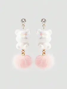 Casual Bear Fur Pom Pom Rhinestone Decor Minimalist Unique Earrings, For Daily Wear