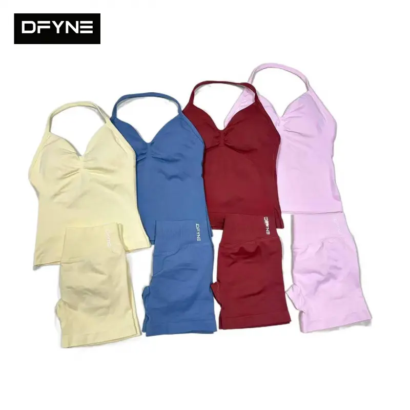 DFYNE Women’s Seamless Ruched Tank & Shorts Set High Stretch Gym Activewear