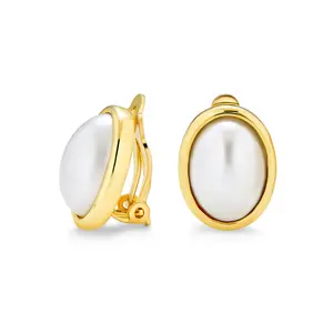 Classic Faux White Pearl Cabochon Bezel Oval Clip On Earrings For Non Pierced Ears 14K Gold Plated