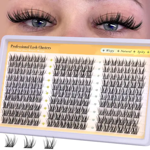 180 Cluster Eyelashes, Wispy Lash Clusters, Natural Look D Curl, Short Individual Lashes, Mixed Lengths 11-13mm, Fluffy Volume False Lash Extensions, Fluffy Eyelash Style, Voluminous False Eyelashes