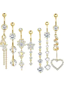 7 Pcs 14G Dangle Belly Button Rings for Women 316L Steel Curved Navel Barbell Body Jewelry Piercing Body Piercings