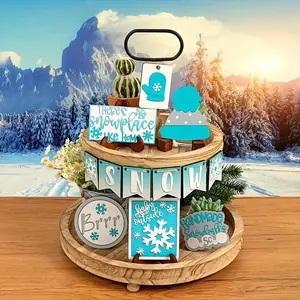 Snow Themed Decoration, Wooden Tiered Tray Decor, Home Desktop Decoration for Desktop, Fireplace, Cabinet, Shelf, Window, Coffee Bar and Kitchen, Ornaments