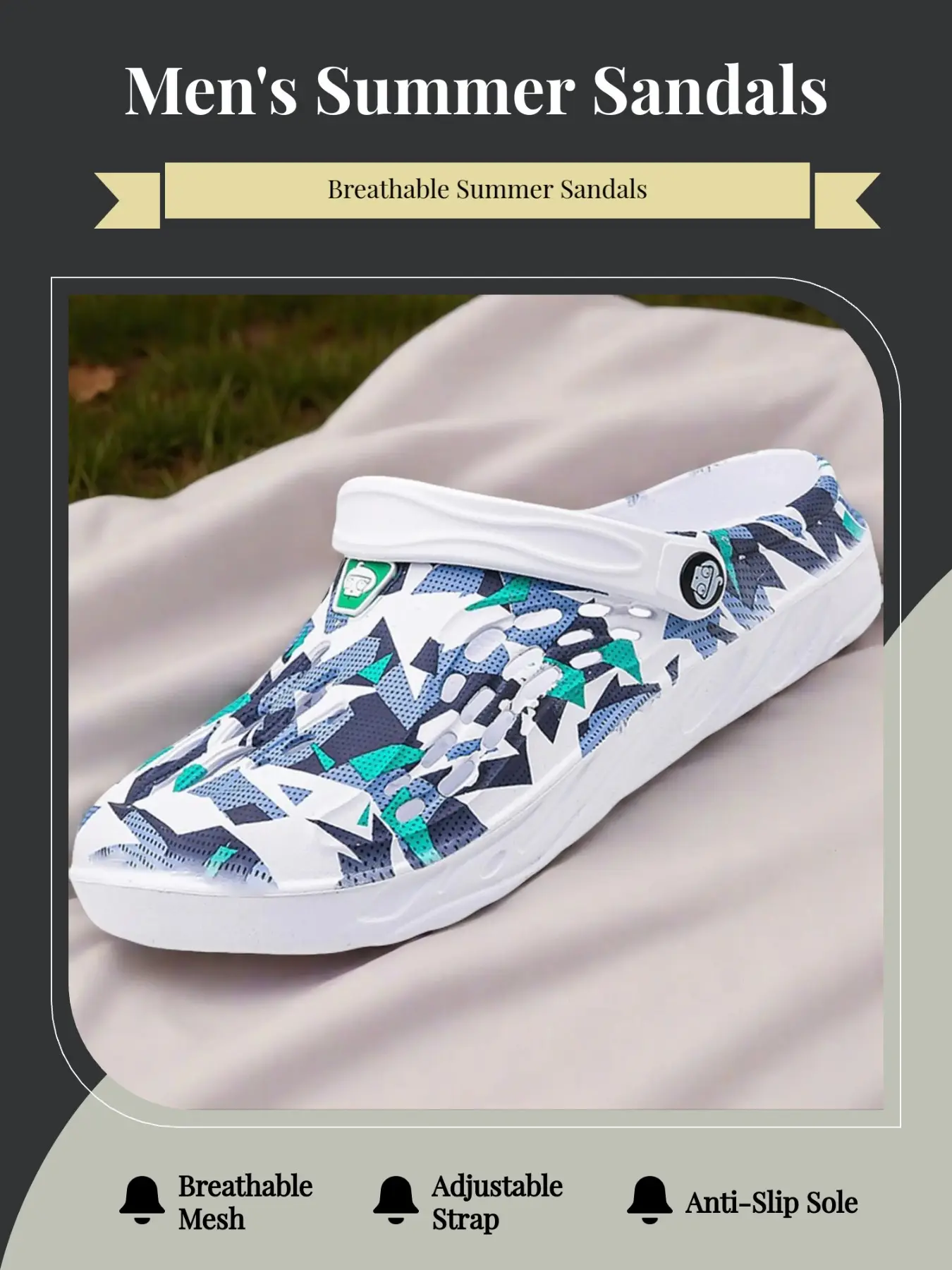 Men's Printed Mesh Breathable Hole Shoes, Adjustable Back, Non-Slip Soft Sole, Lightweight, Casual, Outdoor, Beach, Home Use