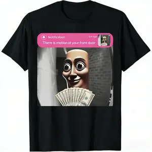 Notification Motion Front Door Money Meme Cotton T-shirt Uncanny Surreal Digital Art Funny Home Security Humor Quirky Gift Graphic Tee Weird Statement Clothing