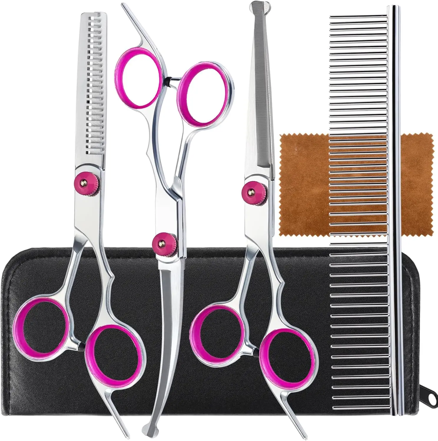 5-in-1 Universal Dog & Cat Grooming Scissor Set - Professional Right-Handed Titanium-Coat Stainless Steel Grooming Tools, Safety Round Tips for Safe Cutting, Ergonomic Thinning Shears, Long-Lasting Sharpness for Hair Trim & Pet Groomers