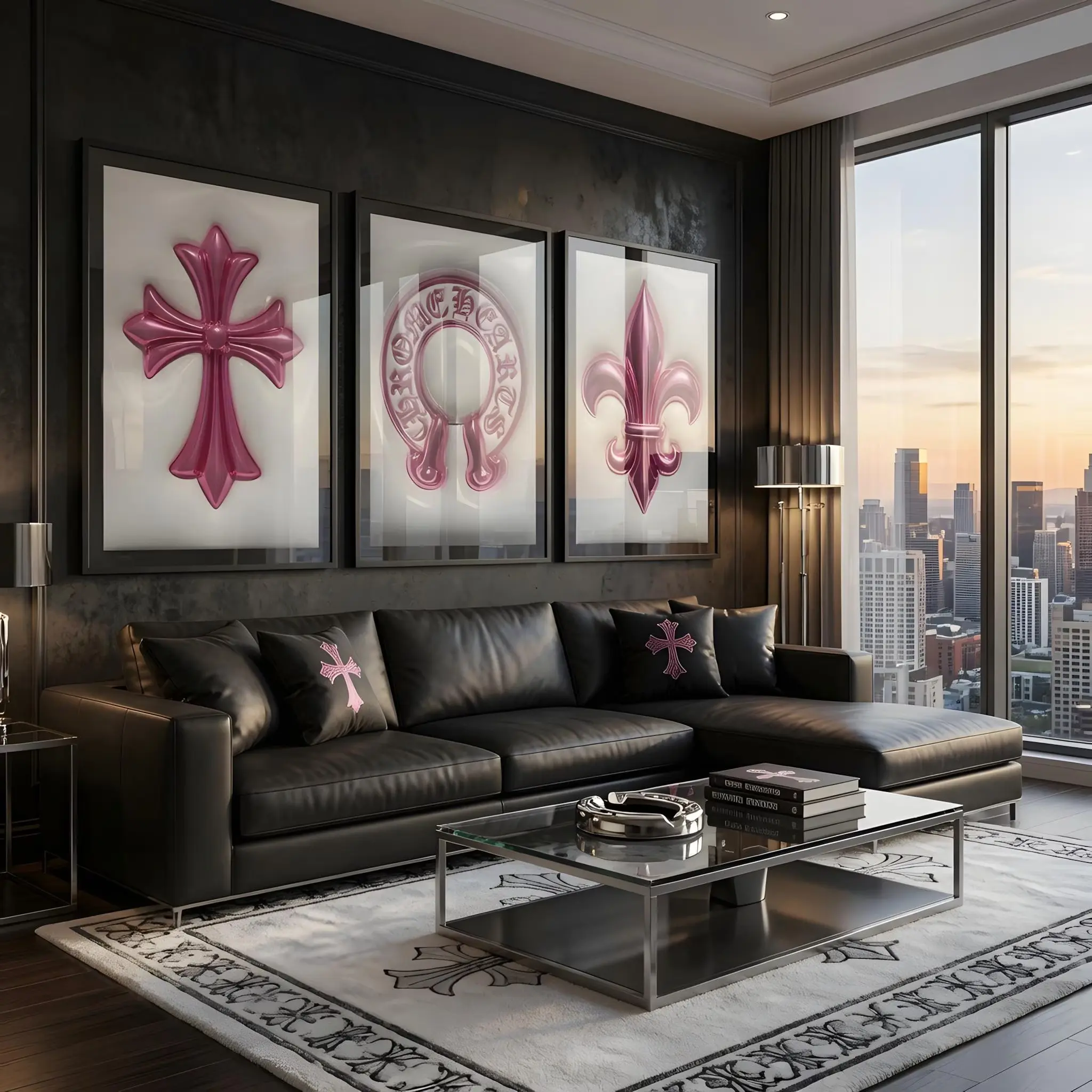 Chrome Hearts Hypebeast Wall Art Poster Set of 3 - White, Pink Chrome Gothic Cross, Horseshoe Print, Fleur De Lis Luxury Y2K Home Decor