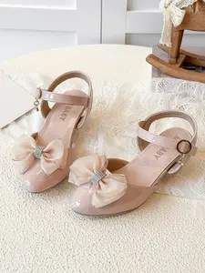 Girls' Mesh Bow Sandals, Sparkly Sandals, Bow Decorated Sandals, Water Drill Decorations, Shiny PU Leather, Breathable Lining, Anti-Slip Rubber Sole, Party & Wedding Shoes