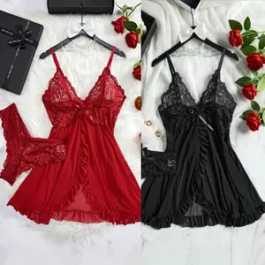 2PCS Womens Lace Sleepwear Lingerie Transparent Red Sexy Lingerie Women's Underwear See Through Sleepwear Lace Nightdress And Panty Pijamas Sets Female Sexy Nighty Casual Pajamas Nightwear