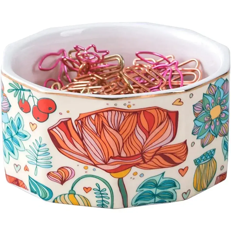 Ceramic Paper Clip Holder Paper Clip Dispenser Organizer for Desk Cute Office Binder Clip Holder Bobby Pin and Hair Clip Holder (01-Flower)
