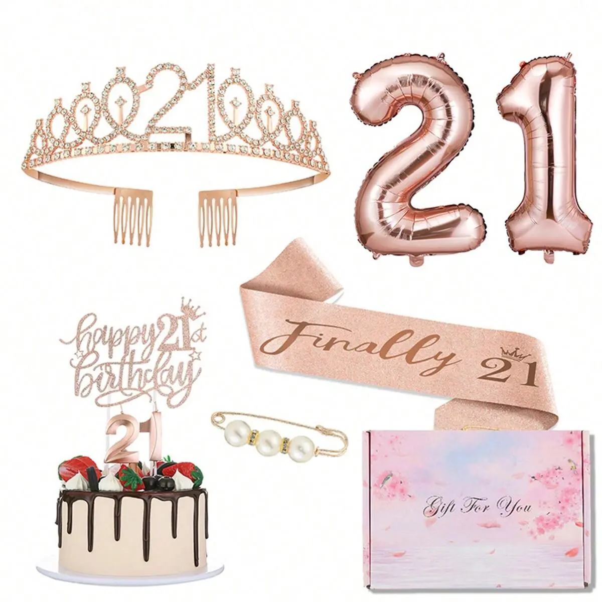 21st Birthday Crown & Accessories (8 Counts), Including Tiara Crown, Belt, Cake Topper, Balloons, Number 21 Decoration, Birthday Party Decoration Supplies