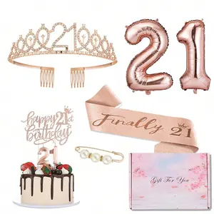 21st Birthday Crown & Accessories (8 Counts), Including Tiara Crown, Belt, Cake Topper, Balloons, Number 21 Decoration, Birthday Party Decoration Supplies