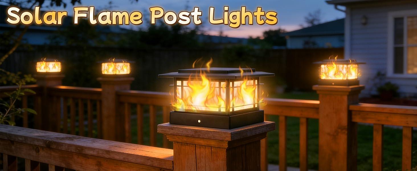 4x4 Solar Post Cap Lights Outdoor with Flickering Flame Light, Black Shell Fence Post Solar Lights Fit 4x4 Vinyl/Wooden Posts, Brightness LED Lighting Decor for Garden Deck Patio, 2 Pack