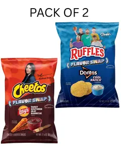 Pack of 2 Ruffles Potato Chips, Doritos Cool Ranch Flavor Snack Chips, 2.25 oz (63.7 g) & Cheetos Cheese Flavored Snacks, Lay’s Flavor Swap Sweet Southern Heat BBQ, 2.875 oz (81.5g), viral, Dude Perfect & Madison Beer