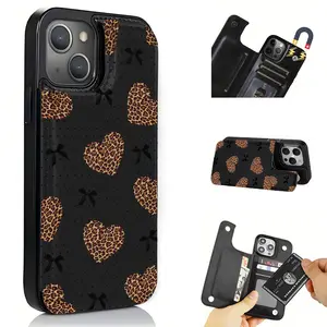 Creative Leopard Heart Spots Pattern Leather Card Holder Phone Case, Suitable for iPhone 17 Air/16 Plus/15 Pro Max/14 Pro/13/12/11/XS Max/X Phone Case, Perfect Gift for Thanksgiving and Christmas for Family, Friends, Lovers, Boyfriend, Girlfriend
