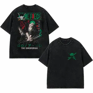 Roronoa Zoro Swordsman Graphic Tee – Vintage Washed Anime Manga Oversized Streetwear T-Shirt, Harajuku Style Cotton Top