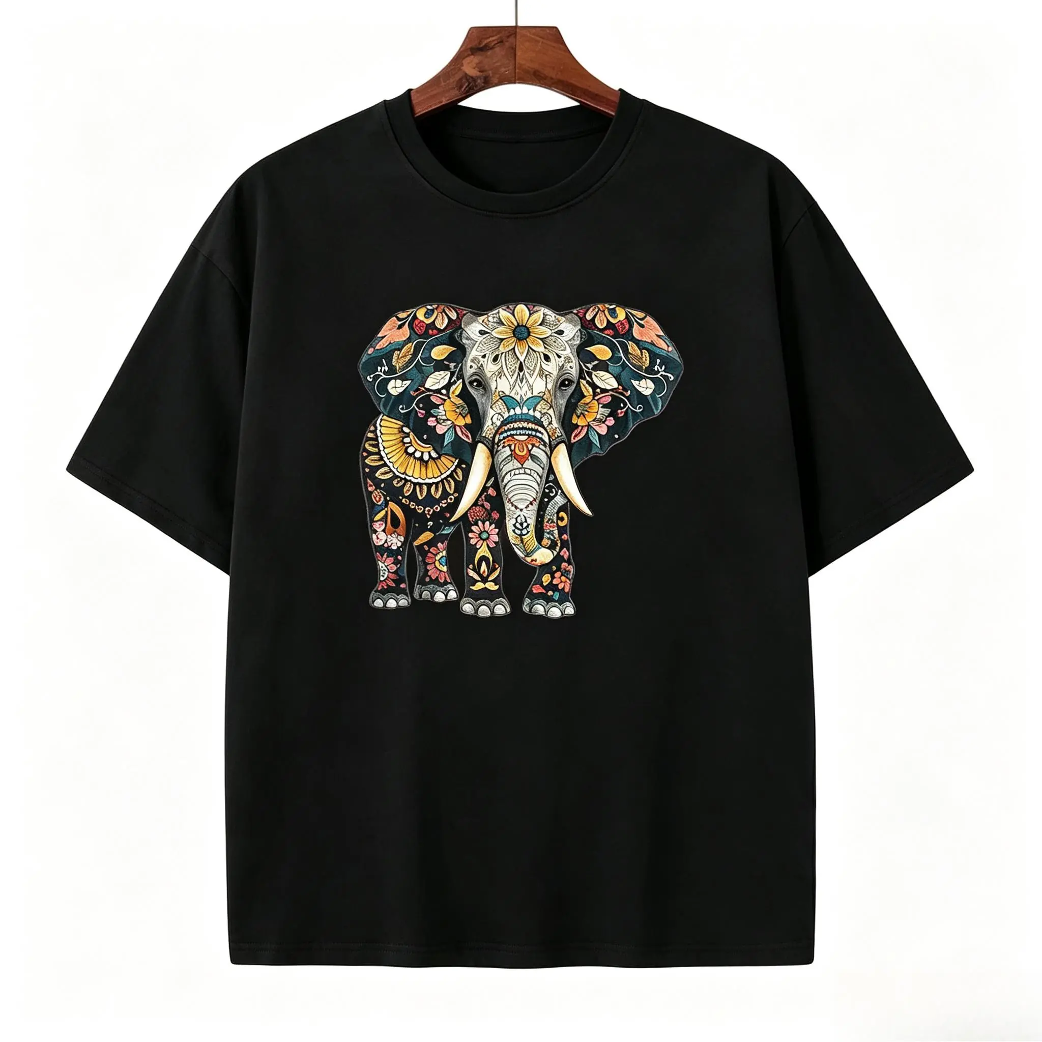 Elephant Graphic T-Shirt, Boohoo Style Tee, Elephant Mandala Art Shirt, Eco-Friendly Top, Nature-Inspired Top, Floral Design Shirt