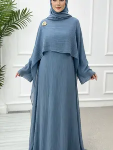 New Muslim Women's Luxury Pleated Texture Shawl One-Piece Long Robe, Loose-Fitting H-Type Abaya with Tie, Casual Modest Style All-Season Dress, Muslim Dresses
