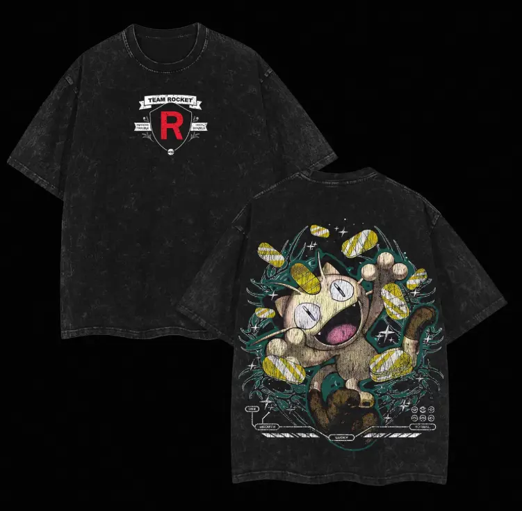 Pokemon Meowth Team Rocket Graphic T-Shirt Vintage Acid Wash Oversized Anime Tee