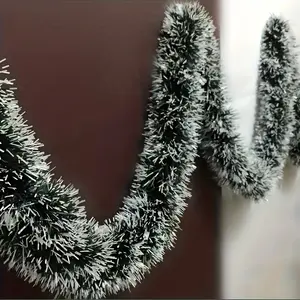 2pcs 196Inch PVC Sequin Wreaths for Christmas Decor - Frosty Pine Green White Metallic Ribbons for Indoor Outdoor Party