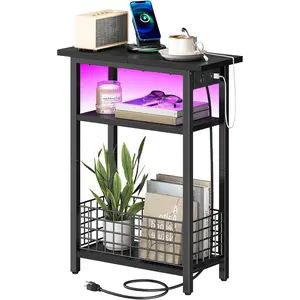 Narrow Side Table with  Station and LED Light, Small End Table with Storage, Skinny Nightstand with USB Port, Slim Bedside Table for Small Spaces, Living Room, Black BB242UDBZ01
