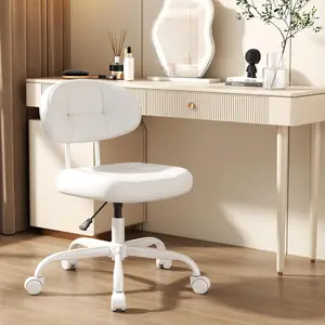Vanity Chair with Back, Small Armless Cute office Chair with wheels and Lumbar support, Comfy PU Leather Desk Computer Chairs with Adjustable Height, 360 ° Swivel for Home Bedroom Office, White