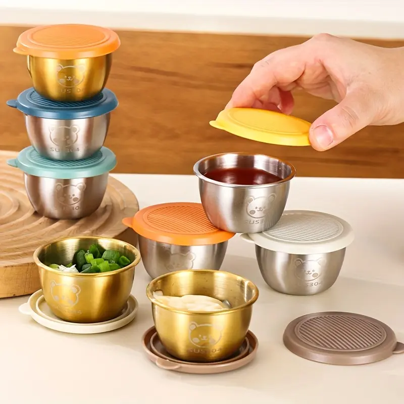 BumeZent 12/6/3pcs, Silvery 304 Stainless Steel Sauce Cup with Lid, Reusable Sauce Container with Leak Proof Plastic Lid, Seasoning Cup for Salad Dressing Container, Barbecue Sauce Seasoning Plate Set, Cheese Sauce Cup, Creative Tomato Sauce Cup
