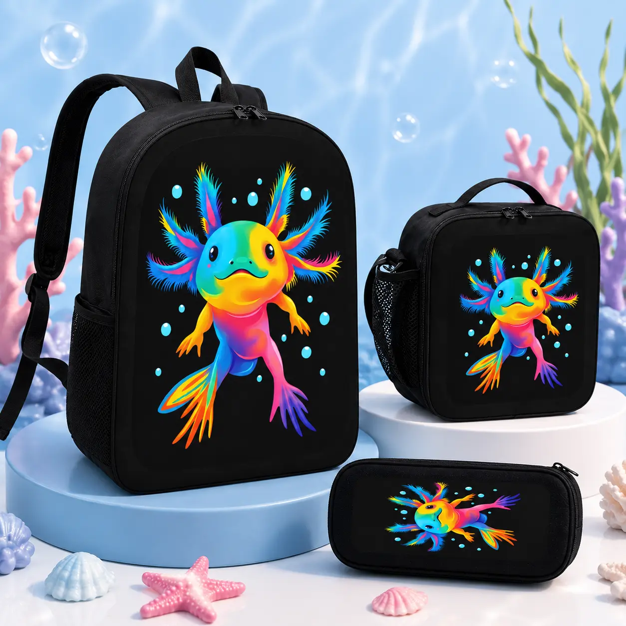 Cute Aesthetic Axolotl Print 3-Piece Functional Backpack Set - TikTok Viral, with Lunch Bag, Pencil Case, 3D Breathable Shoulder Straps, 2-Way Zippers