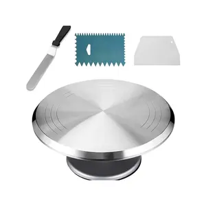 Set Of 4Pcs Cake Turntable Set, Baking Tools With Revolving 12" Cake Stand For Decorating,14.5" Icing Spatula And 2 Comb Icing Smoother, ,Cake Serve Cake Decorating Kit Supplies For Wedding, Birthday,Party,Gift Bakeware Steel Oven Stainless Silver