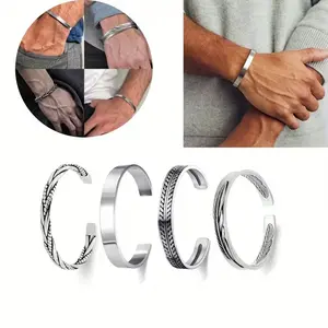 4 pcs Men's Cuff Bracelets Silver ,Bracelet Leaves Pattern Twisted Open Cuff Bracelet jewelry summerwins