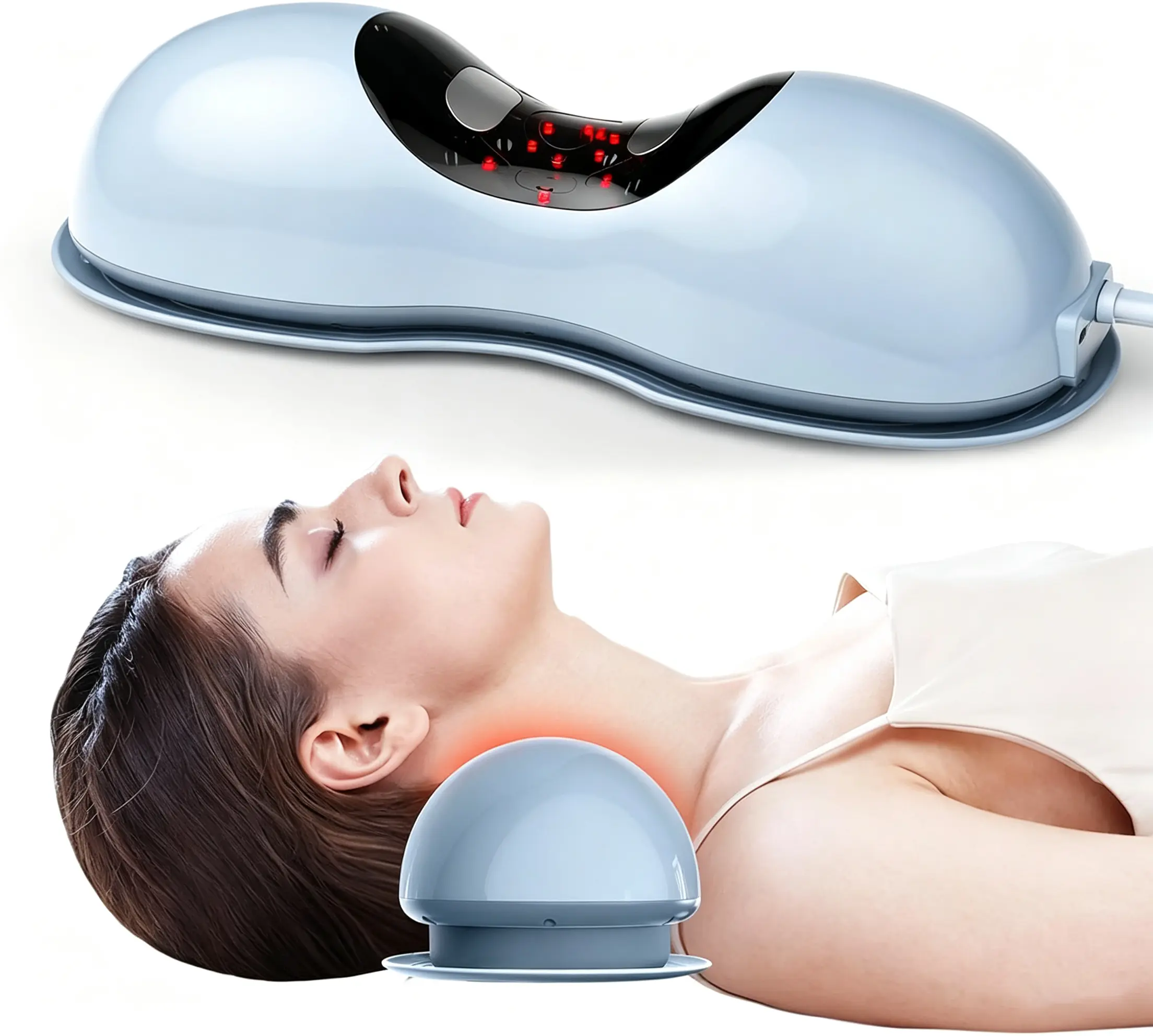 Neck Stretcher with Heat, Red Light and Dynamic Traction Massage, Wireless Massager Pillow, Cervical Traction Device with 3 Heat Therapy Temperature Options (40℃/104°F, 42℃/108°F, 44℃/111°F) & 5 Intensity Levels for Stimulating Massage (M1–M5)