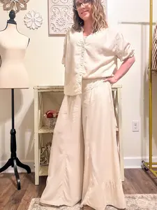 Linen Mix Ruffle Wide Leg Pants - Oatmeal