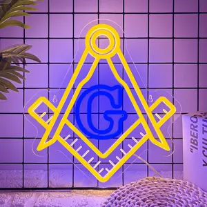 Vibrant Masonic Symbol Luminous Led Sign, Square, Compass and Letter G Pattern Creative Neon Light, Powered by USB, for Office, Wall Corridor, Meeting Room, Club，Halloween Christmas Gift