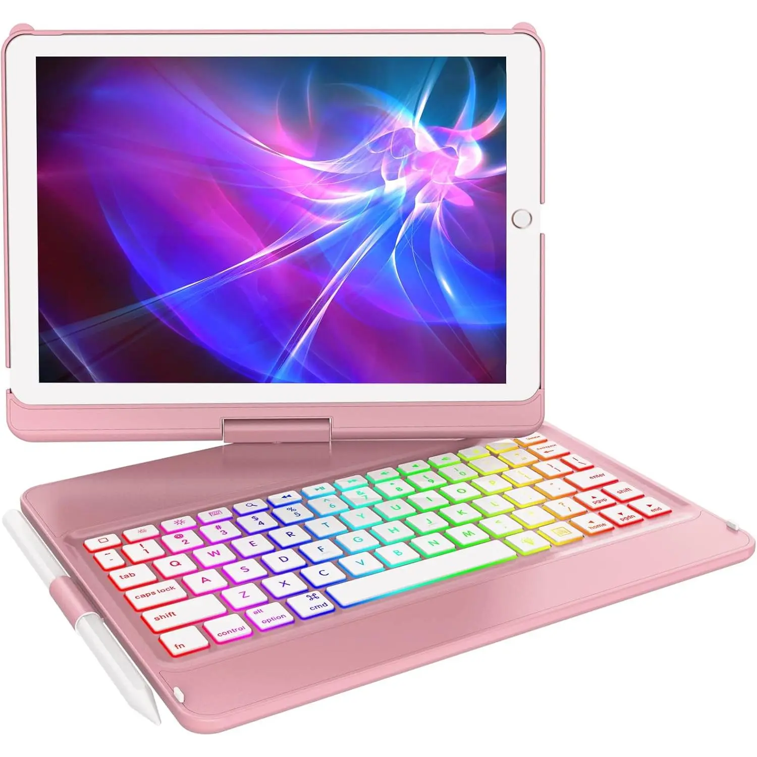 Keyboard Case for iPad 9th Generation,10 Color Backlight iPad Keyboard for 10.2-inch 9th /8th /7th /Air 3/Pro 10.5-inch,360? Rotatable Protective Cover with  Pencil Holder(Rose )