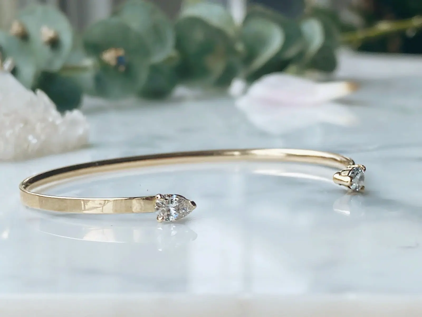 Open Cuff Bracelet | Pear-Shaped Diamond Bangle in 14K Gold