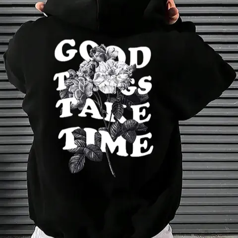 Men's "Good Things Take Time" Graphic Print Comfort Hoodie, Vintage Floral & Letter Print Drawstring Pocket Long Sleeve Hooded Sweatshirt, Menswear