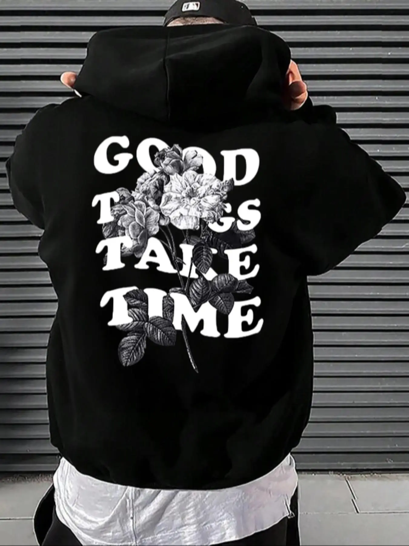 Men's "Good Things Take Time" Graphic Print Comfort Hoodie, Vintage Floral & Letter Print Drawstring Pocket Long Sleeve Hooded Sweatshirt, Menswear