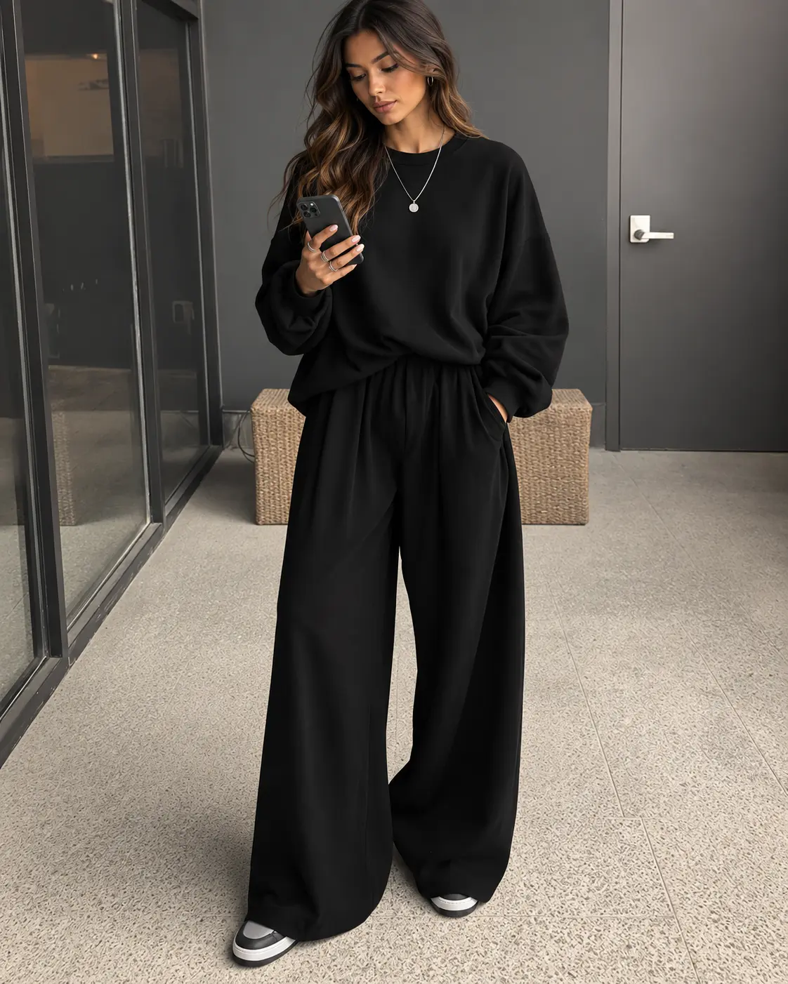 Women Crew Neck Sweatshirt Wide Leg Pants 2 Piece Outfit Casual Loose Long Sleeve Tracksuit Fall Solid Color Loungewear Set