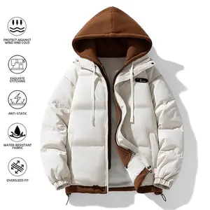 Men's Vintage Oversized Zip-Up Hoodie Jacket, Thick Warm Winter Coat, Fake Two-Piece Patchwork Colorblock Design with Double Windproof Zipper, Loose Fit Fall/Winter Outdoorwear Menswear Stylish