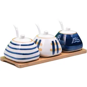 Porcelain Condiment Jar Spice Container with set of 3 Ceramic Condiment Pot Seasoning Box with Ceramic Serving Spoon and Lid - Bamboo Tray Porcelain Sugar Bowl for Home Kitchen 300ml (10.6oz)