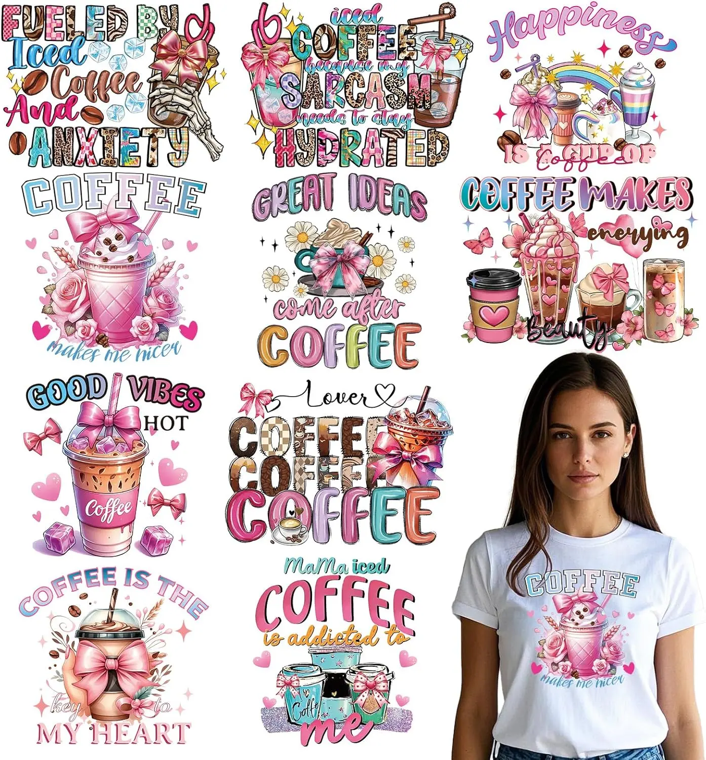 10Pcs Colorful Pink Coffee DTF Iron-On Transfer Patches - Heat-Resistant Vinyl Decals, Unique Designs, Craft Supplies for Coffee Lovers' T-Shirts, Pillows