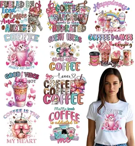 Pink Coffee Iron on Transfers for T-Shirts 10Pcs DTF Decals Ready to Press Heat Resistant Vinyl Patches Stickers for Clothing Pillow Hat Jeans DIY Supplies