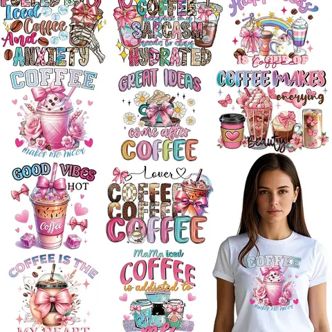 10Pcs Pink DTF Iron-On Transfer Patches - Heat-Resistant Vinyl Decals, Unique Embossed Designs, Peel-Proof Hold, Fade-Resistant DIY Crafts Supplies, Customized Craft for Coffee Lovers' Creative Projects, 10 Coffee Phrases, One Size for T-Shirts