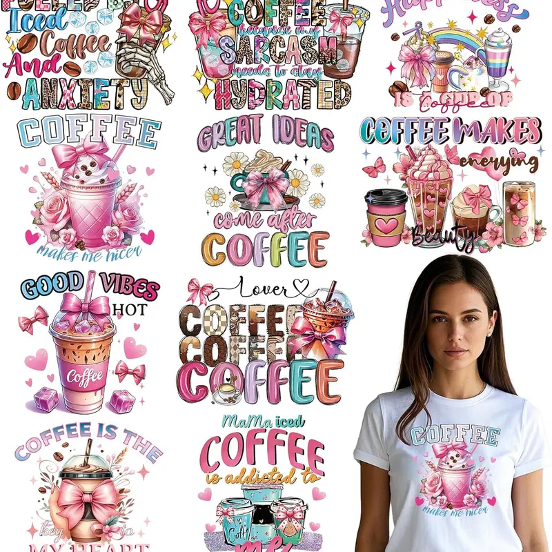 10Pcs Pink DTF Iron-On Transfer Patches - Heat-Resistant Vinyl Decals, Unique Embossed Designs, Peel-Proof Hold, Fade-Resistant DIY Crafts Supplies, Customized Craft for Coffee Lovers' Creative Projects, 10 Coffee Phrases, One Size for T-Shirts