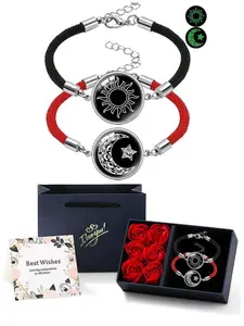 Glow-In-The-Dark Moon Star Couple Bracelets with Rose Gift Box, Handmade Woven Rope, Unisex Friendship Bracelet