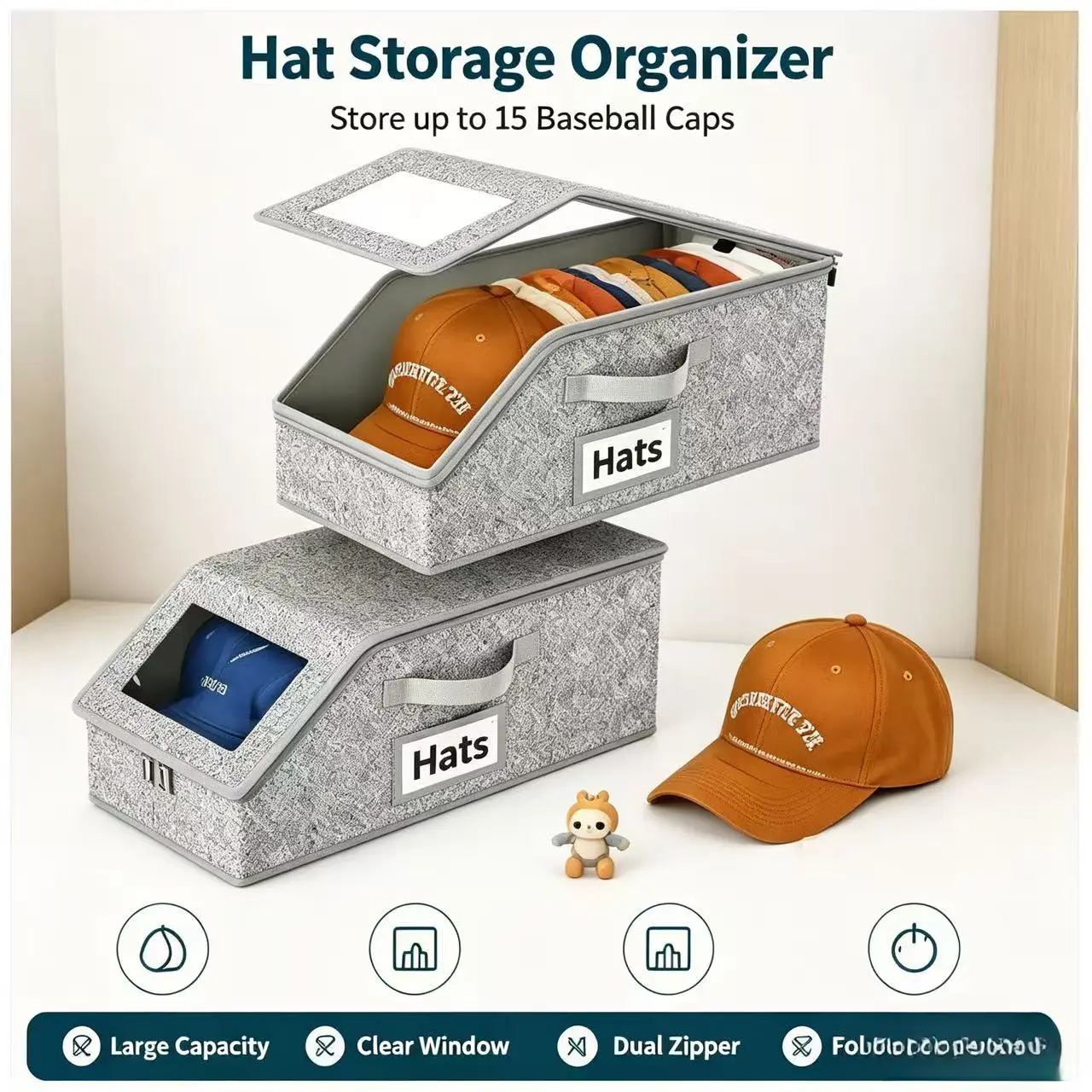 2-Piece Hat Storage Box Set, Foldable Baseball Cap Organizer with Transparent Window, Dustproof Stackable Storage Holder for Home Organization