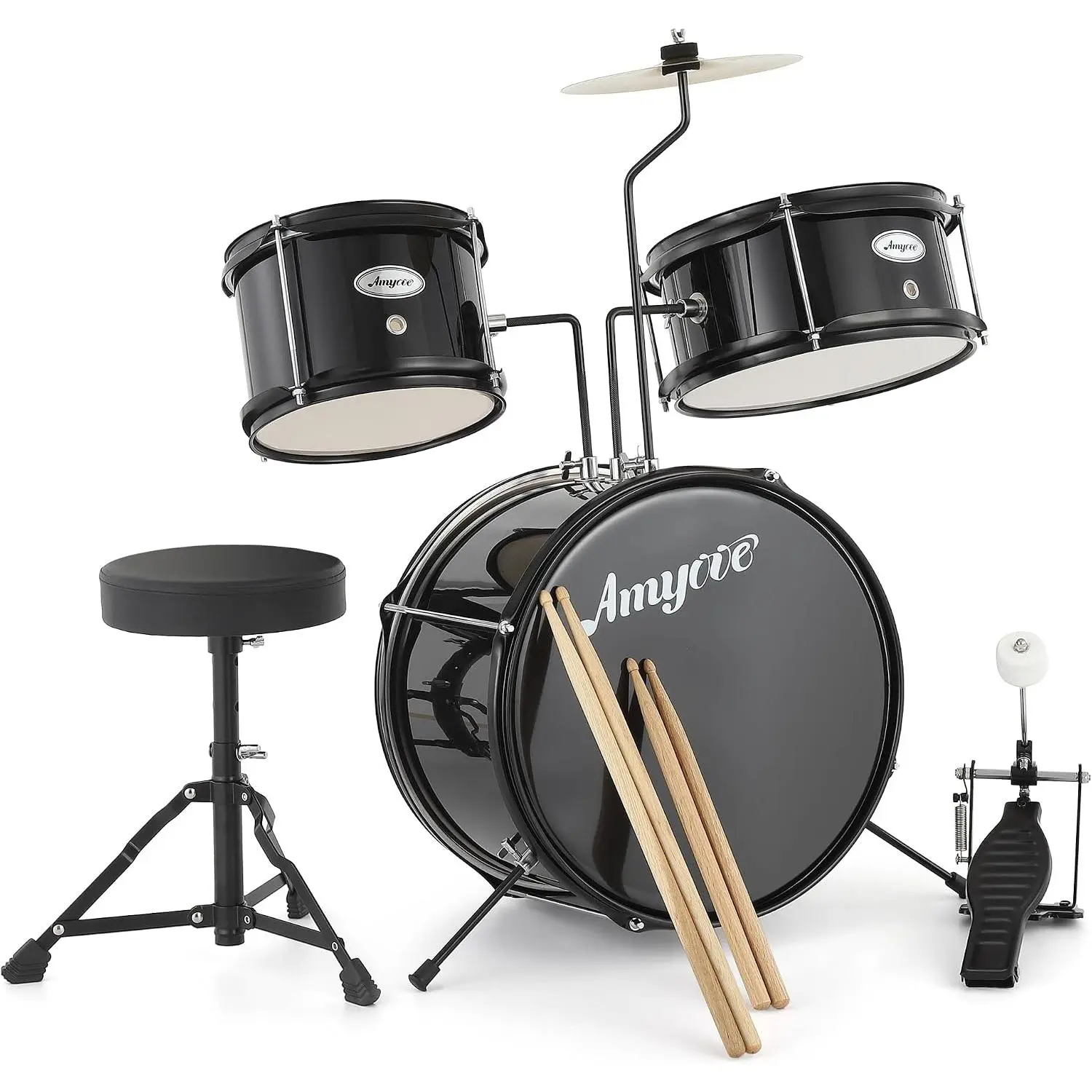 Garvee 3 Piece Kids Drum Set with Cymbal, 2 Drumsticks, Pedal, 2 Tom,Beginner Junior Drum Kit with Throne Stool, Musical Instruments for Boys and Girls, Black